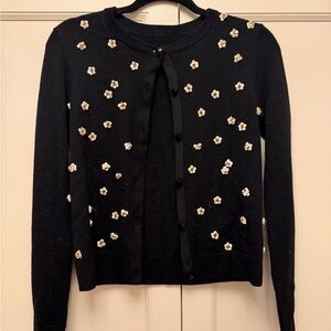 Alice + Olivia Black Crewneck Cardigan with White Floral Appliqués